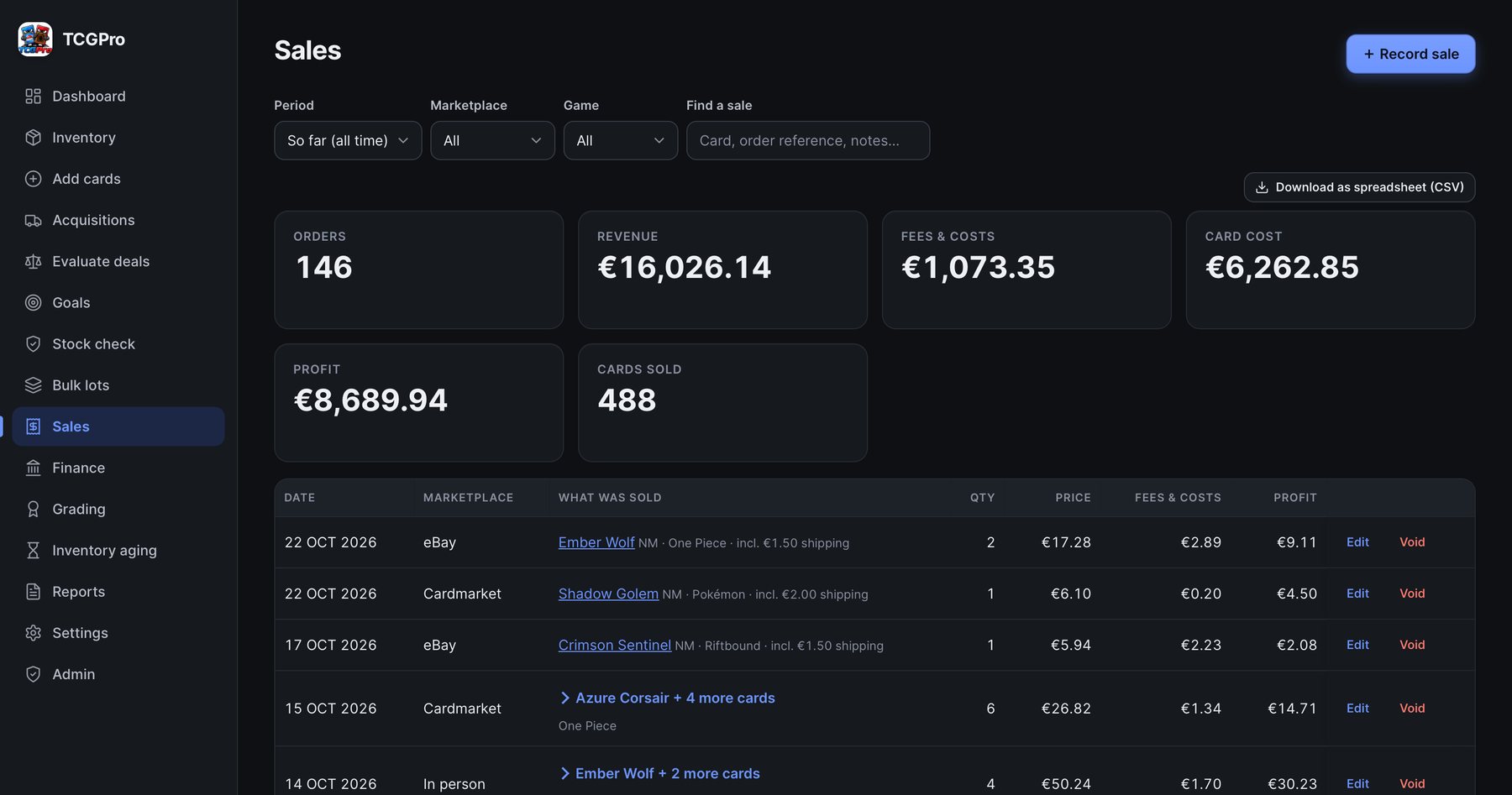 TCGPro sales screen (example data)
