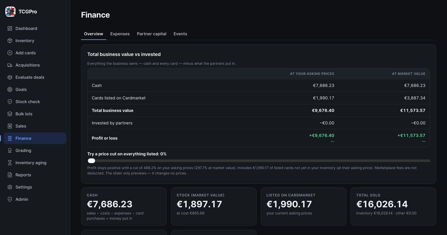 TCGPro finance screen (example data)