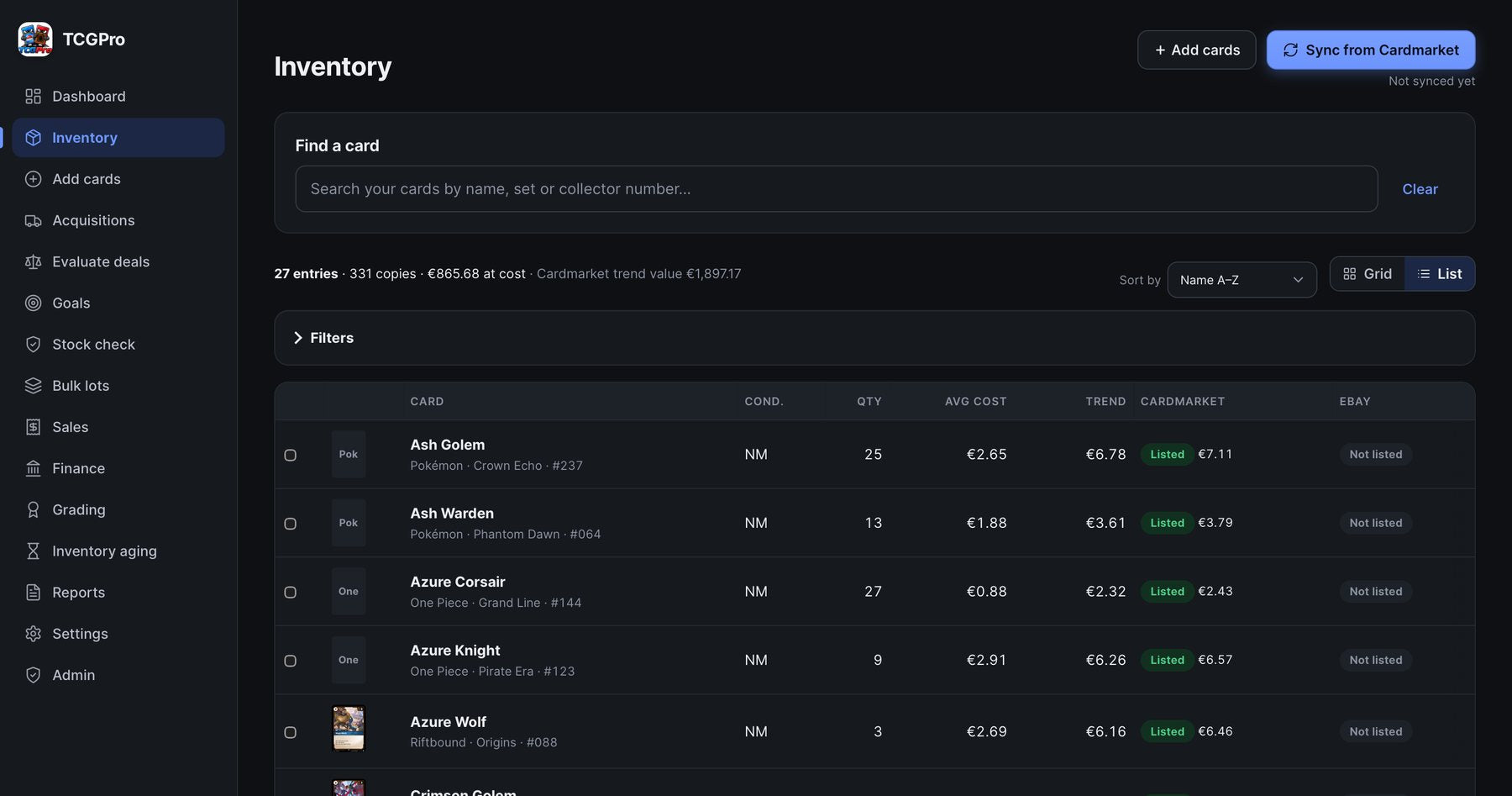 TCGPro inventory screen (example data)